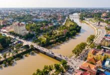 Riverside buildings and traditional architecture in Battambang, Cambodia