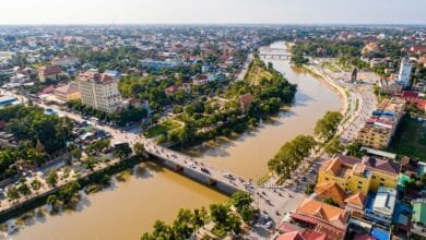 Riverside buildings and traditional architecture in Battambang, Cambodia