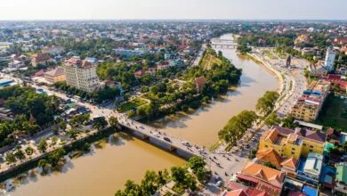 Riverside buildings and traditional architecture in Battambang, Cambodia