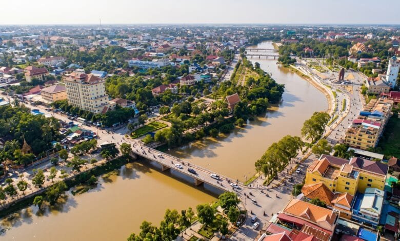 Riverside buildings and traditional architecture in Battambang, Cambodia