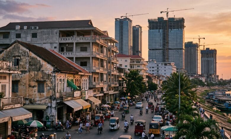 Phnom Penh cityscape at sunset with modern high-rise buildings under construction alongside older low-rise shophouses and busy street traffic