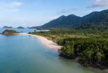 Aerial view of Cambodia's coastline showing a sandy beach, mangrove forests, and the Cardamom Mountains rising behind the Gulf of Thailand.