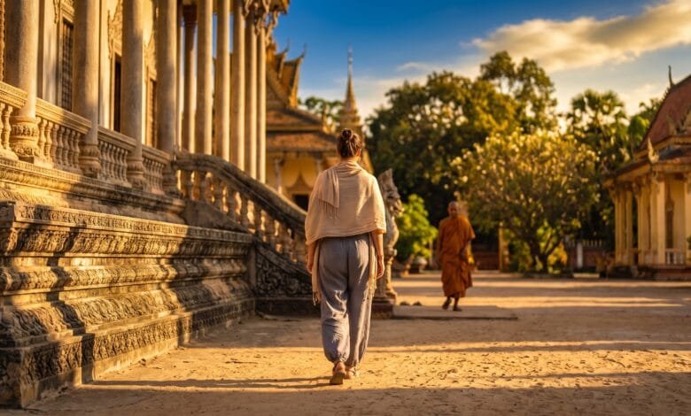 A traveler dressed modestly walks through a Cambodian temple grounds at golden hour with a monk in the background