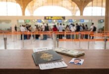 Passport, boarding pass, US dollar bills, and a passport photo on a counter at a Cambodian airport arrival hall.