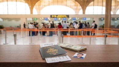 Passport, boarding pass, US dollar bills, and a passport photo on a counter at a Cambodian airport arrival hall.