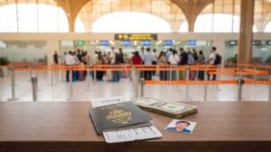 Passport, boarding pass, US dollar bills, and a passport photo on a counter at a Cambodian airport arrival hall.