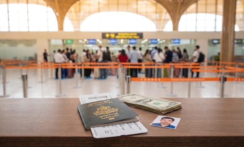 Passport, boarding pass, US dollar bills, and a passport photo on a counter at a Cambodian airport arrival hall.