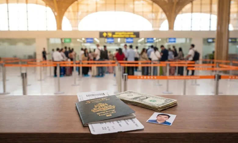 Passport, boarding pass, US dollar bills, and a passport photo on a counter at a Cambodian airport arrival hall.