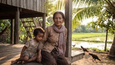 An elderly Cambodian woman sits with her young grandchild on a wooden platform beneath a rural stilt house.
