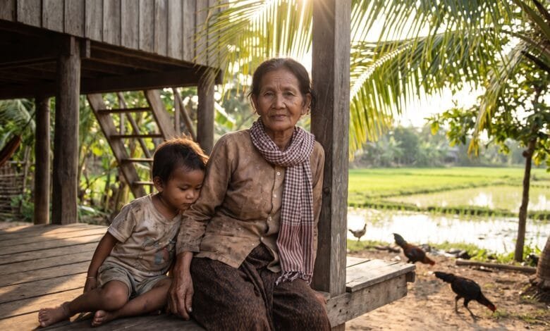 An elderly Cambodian woman sits with her young grandchild on a wooden platform beneath a rural stilt house.