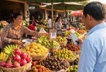 A vendor at a Cambodian market displays a QR code payment placard while a customer pays with a smartphone.