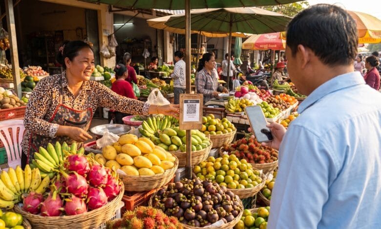 A vendor at a Cambodian market displays a QR code payment placard while a customer pays with a smartphone.