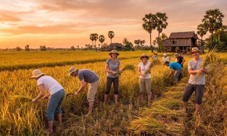 Golden rice fields in Cambodia during harvest season