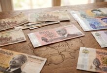 A collection of Cambodian riel banknotes from different historical periods displayed on a wooden surface, showing the evolution of Cambodia's currency design.