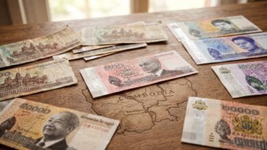A collection of Cambodian riel banknotes from different historical periods displayed on a wooden surface, showing the evolution of Cambodia's currency design.