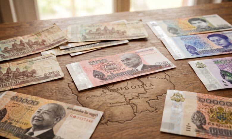 A collection of Cambodian riel banknotes from different historical periods displayed on a wooden surface, showing the evolution of Cambodia's currency design.