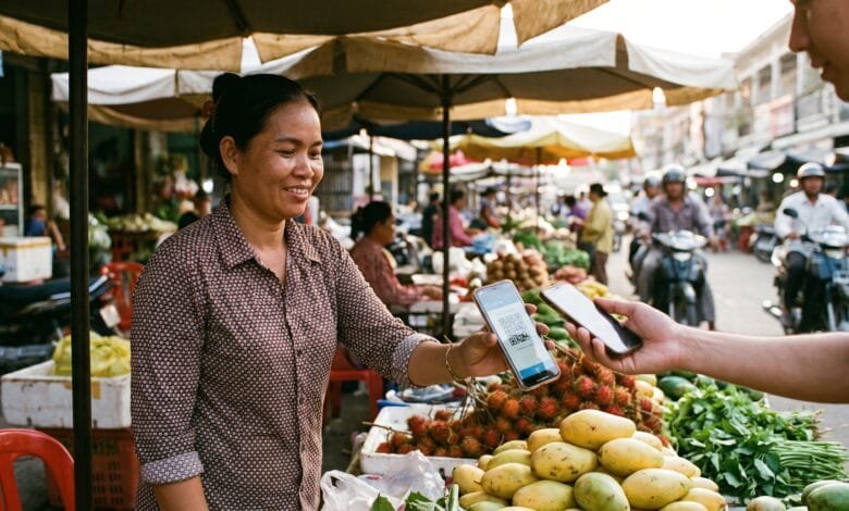 A market vendor in Phnom Penh holds a smartphone to accept a QR code payment from a customer at her stall