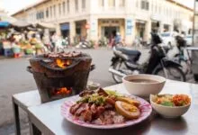 Cambodian grilled pork with rice served at a breakfast street food stall