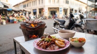 Cambodian grilled pork with rice served at a breakfast street food stall