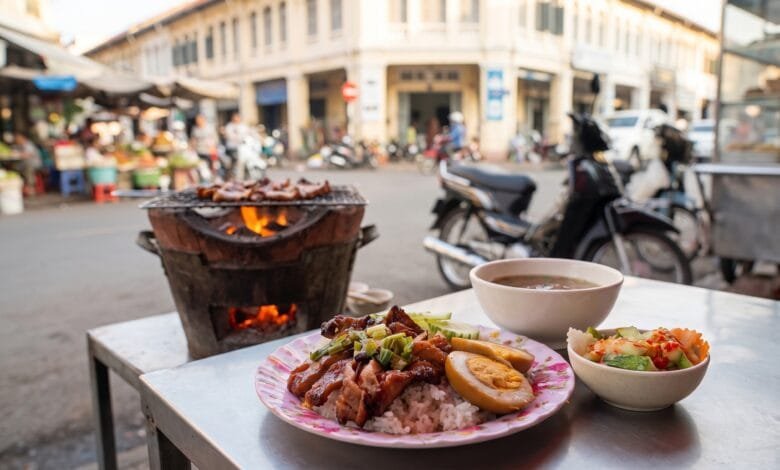 Cambodian grilled pork with rice served at a breakfast street food stall
