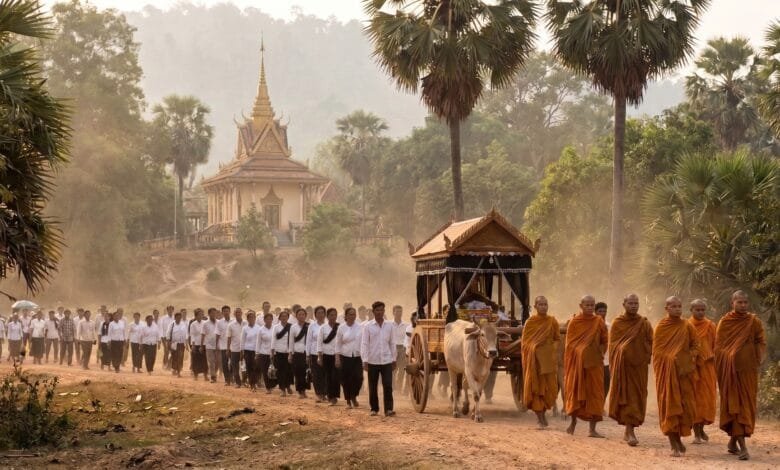 A line of mourners dressed in white walk behind a funeral cart toward a Cambodian pagoda.
