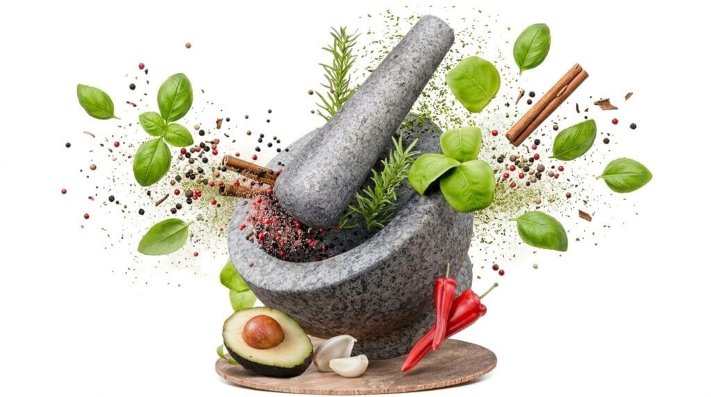Granite mortar and pestle with fresh lemongrass, galangal, and garlic for making Cambodian kroeung
