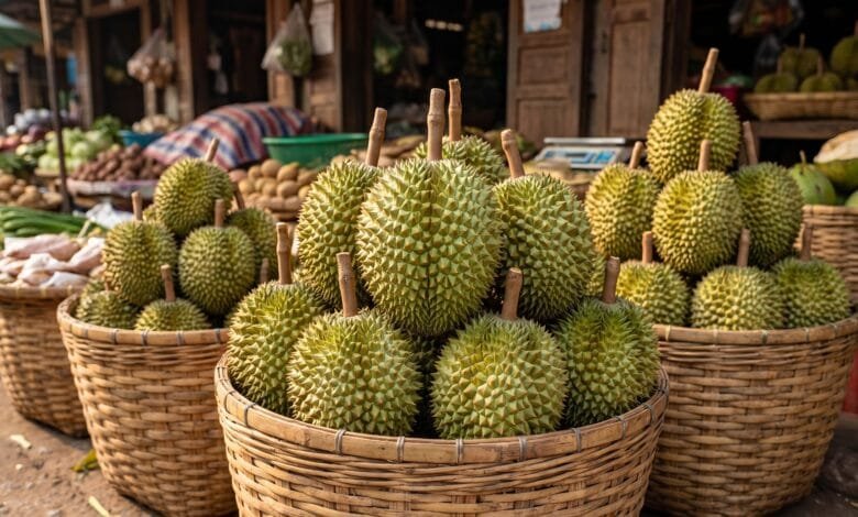Fresh Cambodian durian fruit with green spiky husk displayed on a woven basket at an outdoor market