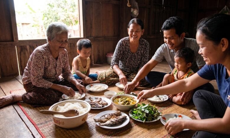 Cambodian family of three generations sharing a traditional meal with a central bowl of rice at a wooden dining table