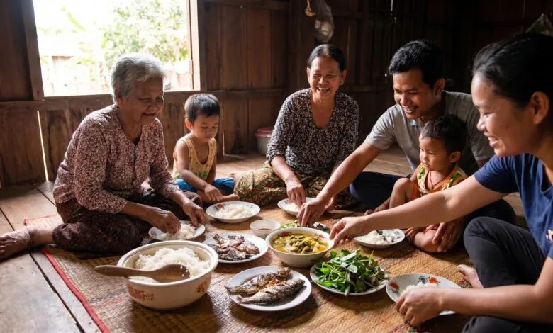 Cambodian family of three generations sharing a traditional meal with a central bowl of rice at a wooden dining table