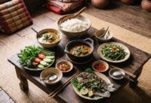 Traditional Cambodian family meal with rice, soup, fish curry, and grilled fish on a low wooden table