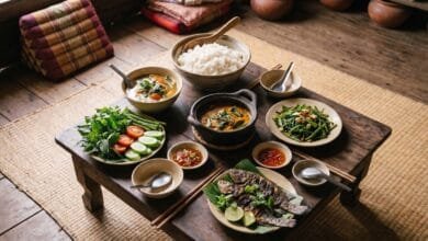 Traditional Cambodian family meal with rice, soup, fish curry, and grilled fish on a low wooden table