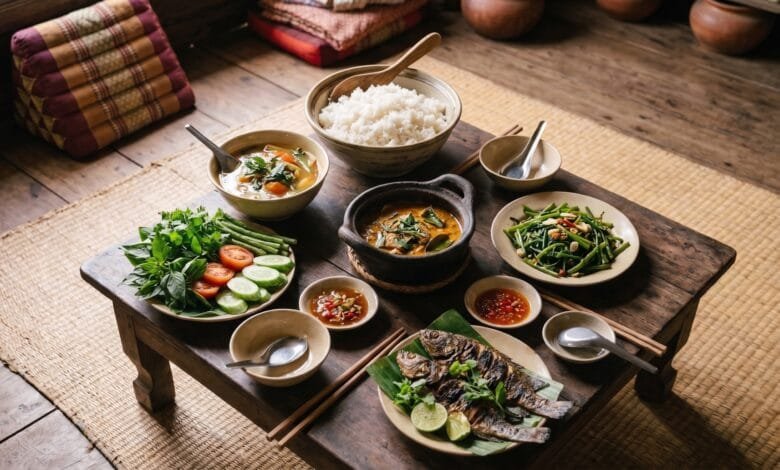 Traditional Cambodian family meal with rice, soup, fish curry, and grilled fish on a low wooden table