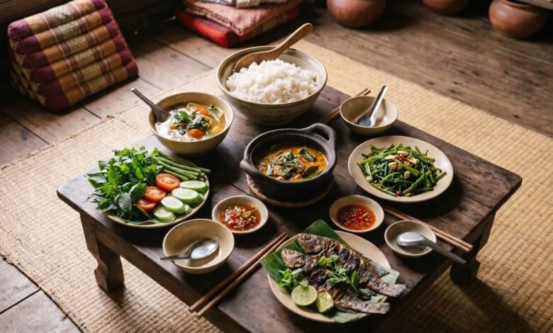 Traditional Cambodian family meal with rice, soup, fish curry, and grilled fish on a low wooden table