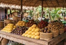 Fresh Cambodian tropical fruits arranged in a bamboo basket, including mangoes, mangosteens, rambutans, and longan