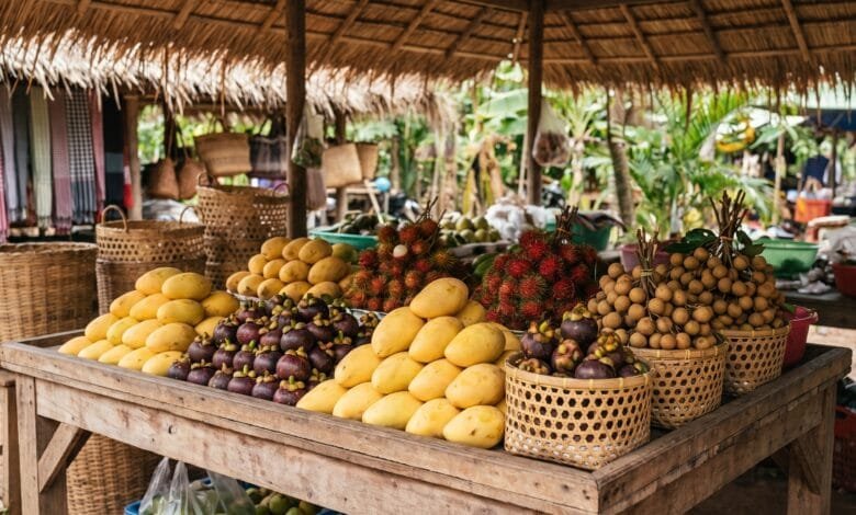 Fresh Cambodian tropical fruits arranged in a bamboo basket, including mangoes, mangosteens, rambutans, and longan