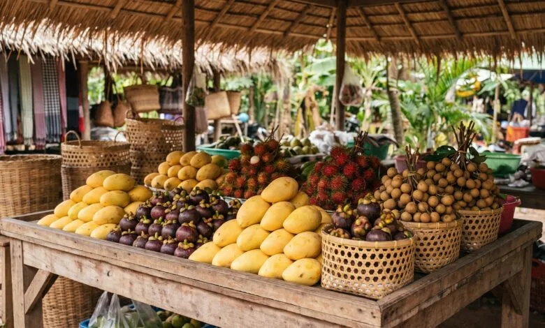 Fresh Cambodian tropical fruits arranged in a bamboo basket, including mangoes, mangosteens, rambutans, and longan