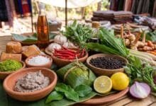 A woven bamboo mat displaying Cambodian cooking ingredients including prahok fish paste, kroeung paste, Kampot peppercorns, palm sugar, lemongrass, galangal, and turmeric
