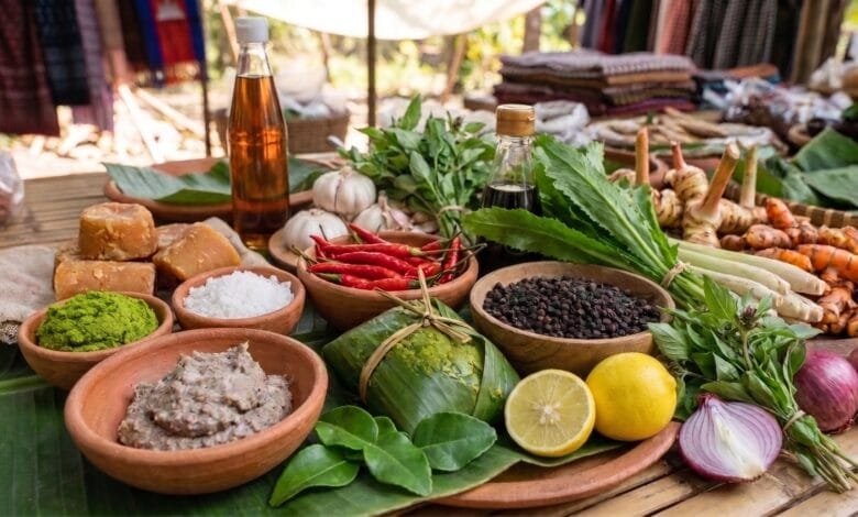 A woven bamboo mat displaying Cambodian cooking ingredients including prahok fish paste, kroeung paste, Kampot peppercorns, palm sugar, lemongrass, galangal, and turmeric
