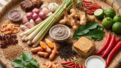 Fresh lemongrass, galangal, turmeric, kaffir lime leaves, prahok paste, Kampot pepper, and palm sugar arranged on a wooden table.
