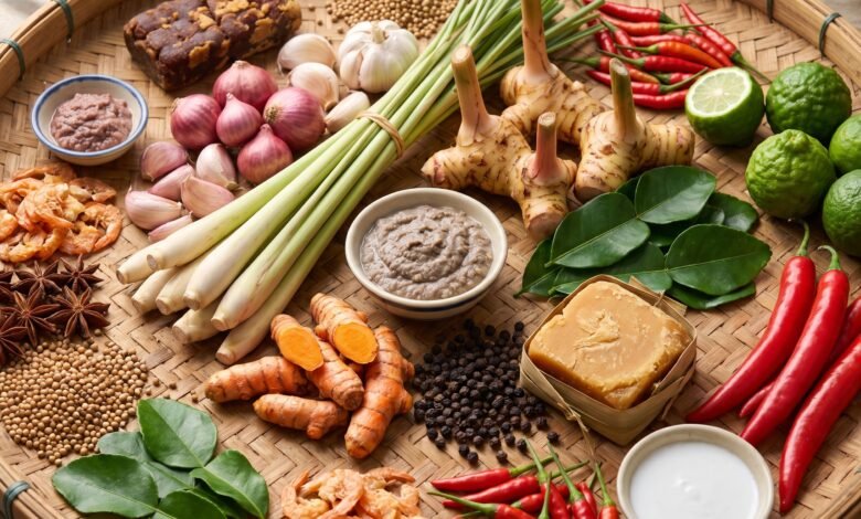 Fresh lemongrass, galangal, turmeric, kaffir lime leaves, prahok paste, Kampot pepper, and palm sugar arranged on a wooden table.