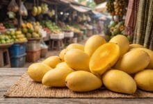 Fresh ripe Cambodian mangoes in a woven bamboo basket at a local market, with one mango sliced open to show bright orange flesh