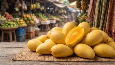 Fresh ripe Cambodian mangoes in a woven bamboo basket at a local market, with one mango sliced open to show bright orange flesh