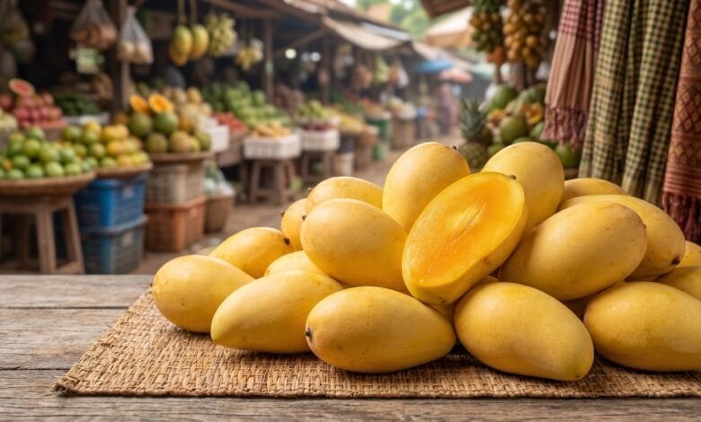 Fresh ripe Cambodian mangoes in a woven bamboo basket at a local market, with one mango sliced open to show bright orange flesh