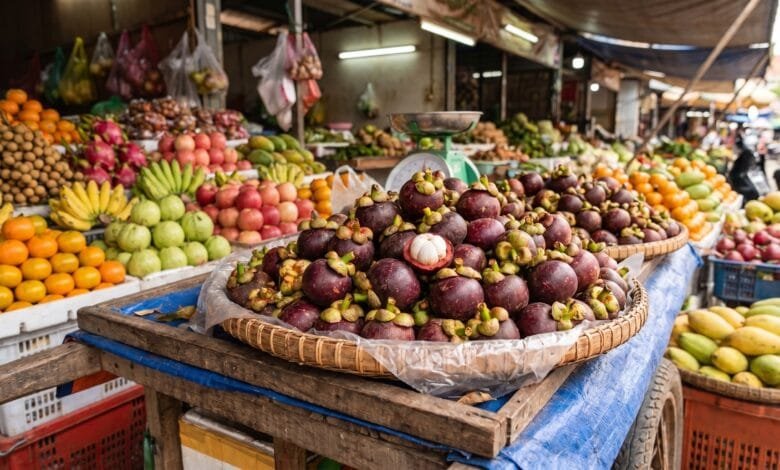 Fresh Cambodian mangosteen fruits with deep purple rinds and white segmented flesh inside, displayed in a bamboo basket at a market stall