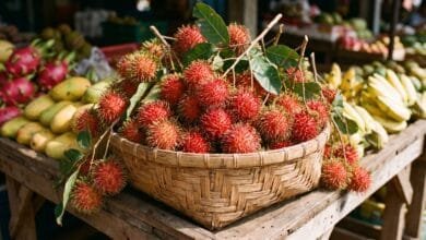 Fresh Cambodian rambutan fruits with bright red hairy skins arranged in a traditional woven basket at a local market