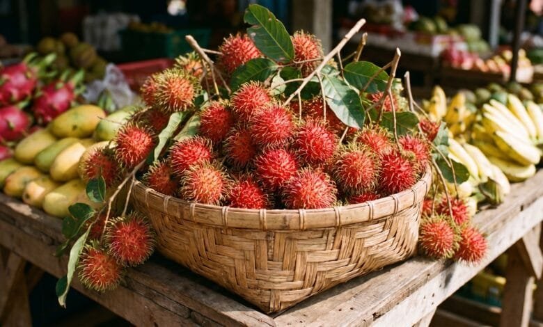 Fresh Cambodian rambutan fruits with bright red hairy skins arranged in a traditional woven basket at a local market