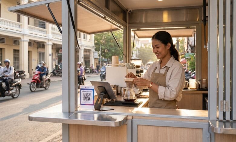 A young Cambodian woman entrepreneur prepares coffee at a modern kiosk on a Phnom Penh street