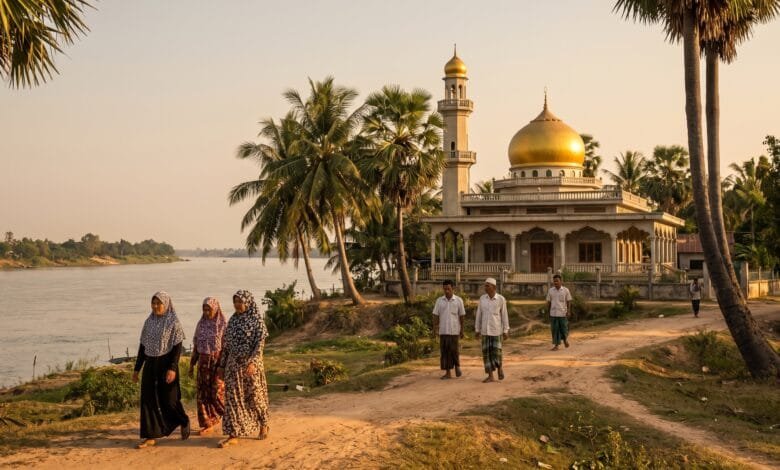 A mosque with a golden dome and minaret rising above palm trees near the Mekong River in Cambodia