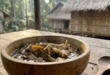 Dark chanang soup in a bamboo bowl with beef and herbs in Ratanakiri, Cambodia