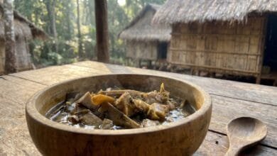 Dark chanang soup in a bamboo bowl with beef and herbs in Ratanakiri, Cambodia